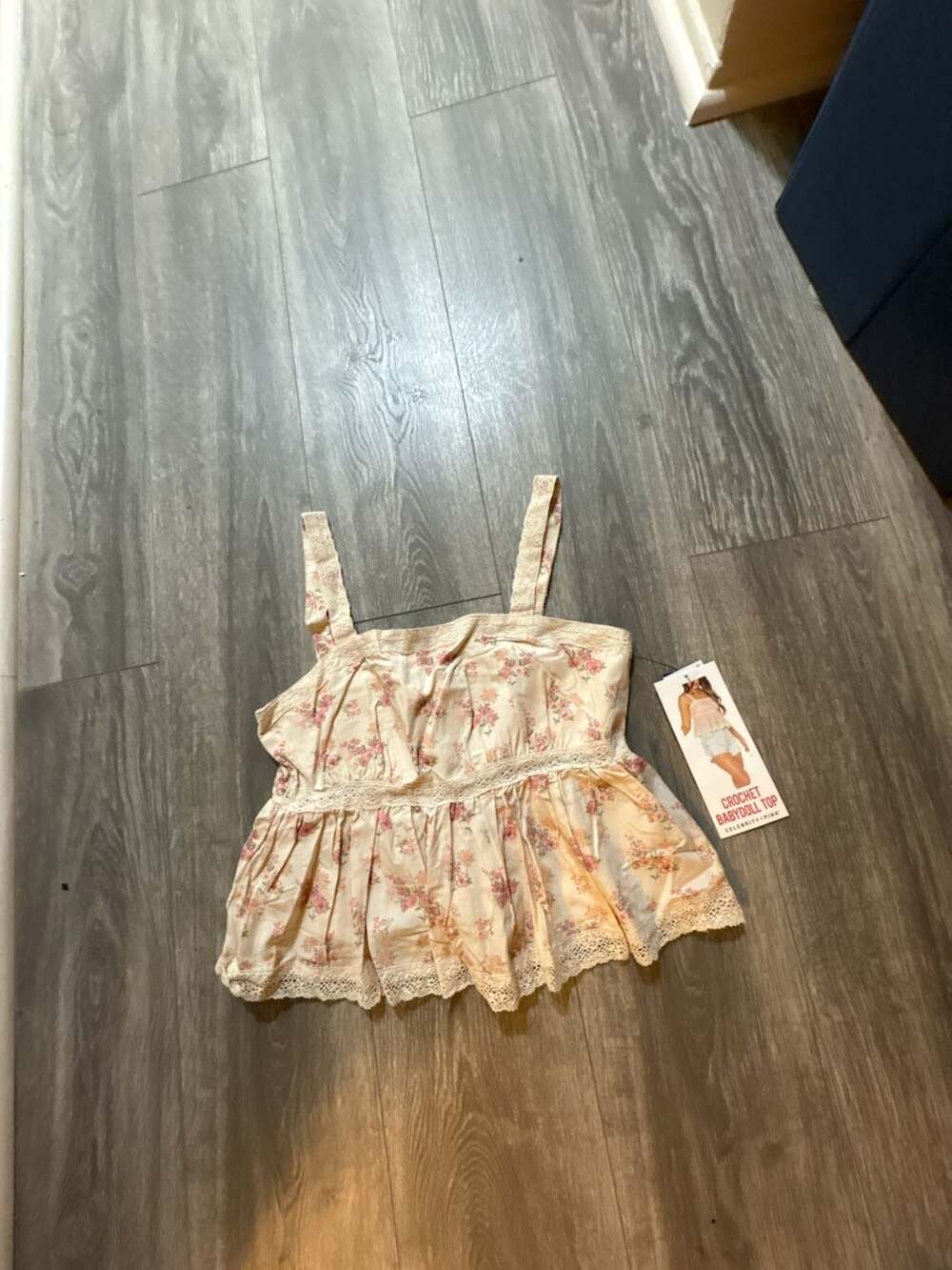 Celebrity Pink Floral Crochet Babydoll Cami Top